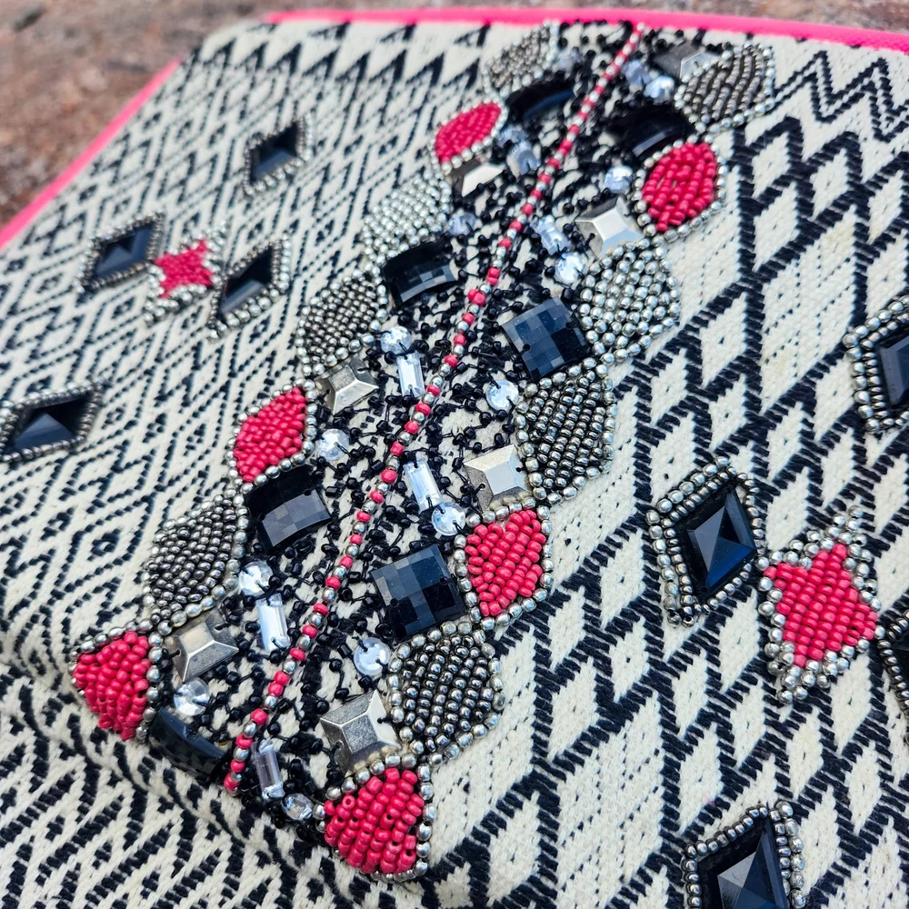 Angie Beaded Clutch Crossbody Tribal Aztec Pattern Pink Trim Chain Strap Boho